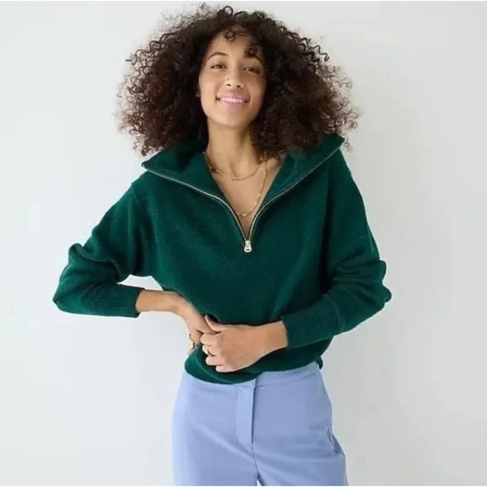 J. CREW Relaxed Half Zip Stretch Sweater Merino Wool Alpaca Dark Spruce Green M